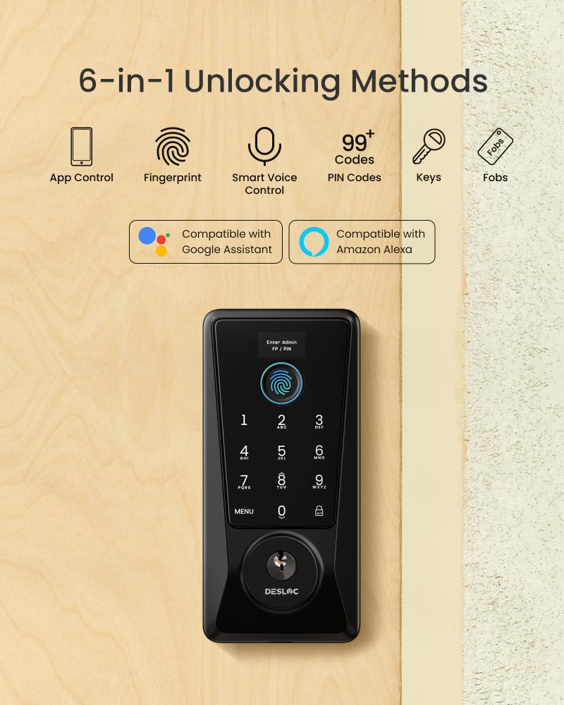 قفل DESLOC الذكي المحدث D110 Plus قفل باب دخول بدون مفتاح ببصمة الإصبع، تطبيق Wi-Fi مدمج للتحكم عن بعد، أقفال ذكية للوحة المفاتيح للباب الأمامي مع شاشة LockVue IP54 BHMA درجة 3 أسود - Image 4